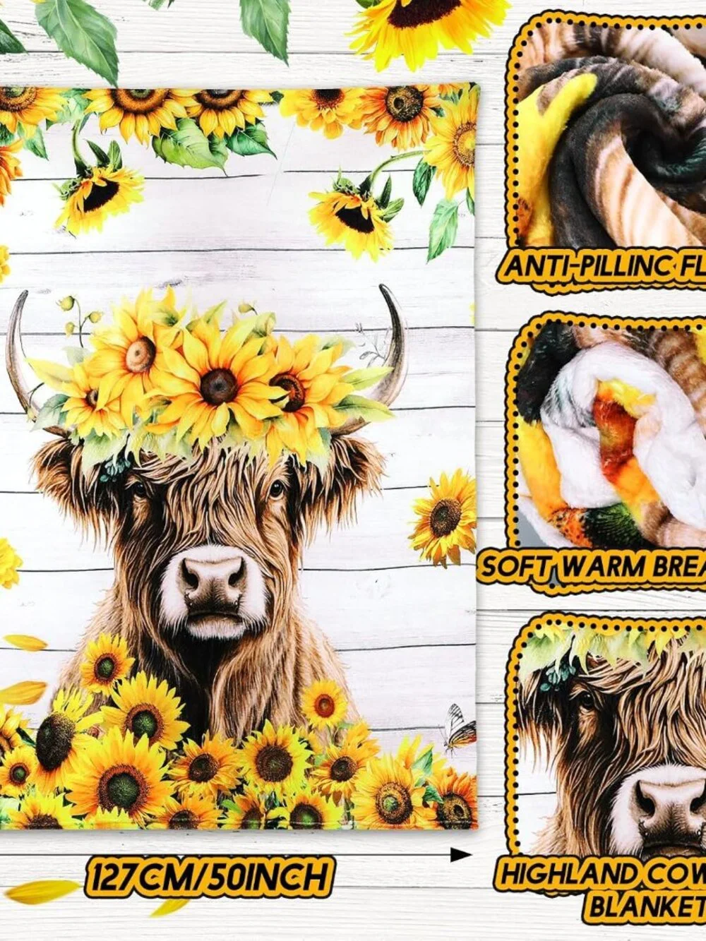 2 Pcs Sunflower Highland Cow Gifts Blanket and Socks Set, 50